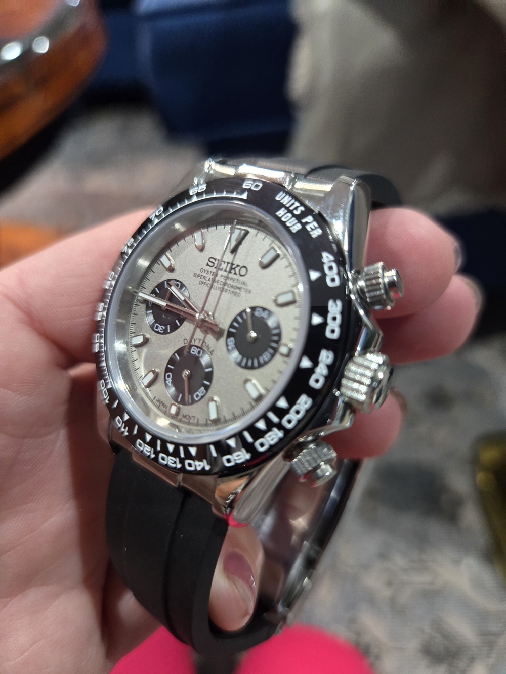 Seiko Silver Dial Chronograph with Black Bezel and Black Strap